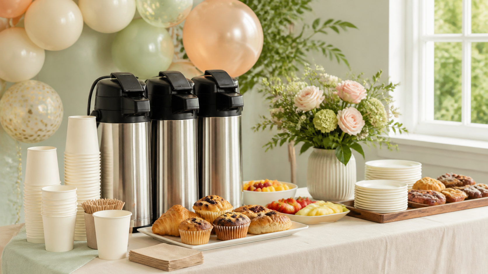 Coffee carafes, plain cups, pastries, flowers, and balloons arranged for a celebration